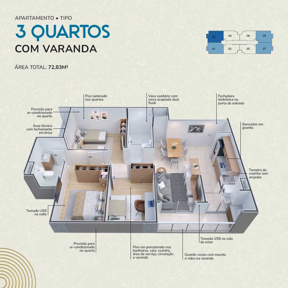 Planta do apartamento de 3 quartos com suíte e varanda — 72,83m² — Alto da Aurora