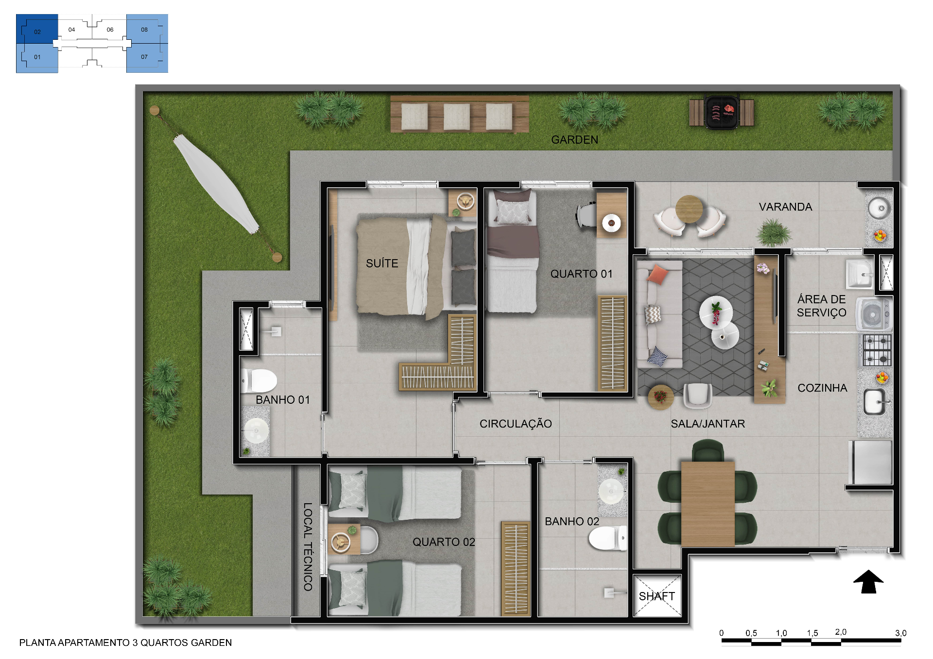 Planta Garden (térreo) — 3 quartos Alto da Aurora