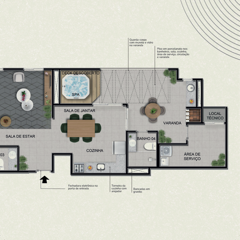 Planta da cobertura — terraço com jacuzzi, sala, cozinha e varanda, Alto da Aurora