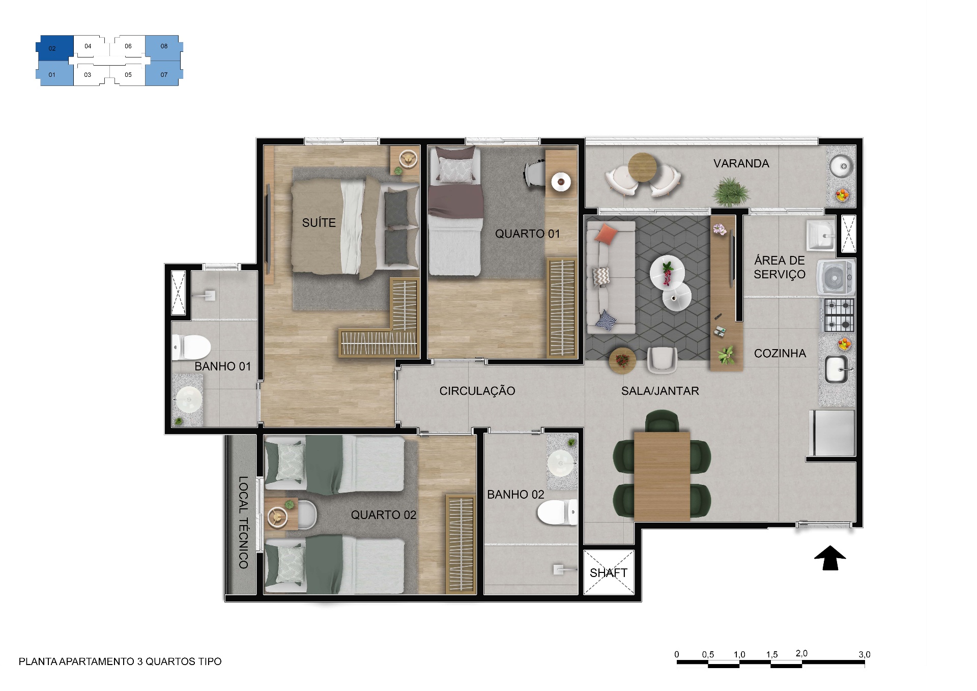 Planta Apartamento 3 Quartos — Alto da Aurora