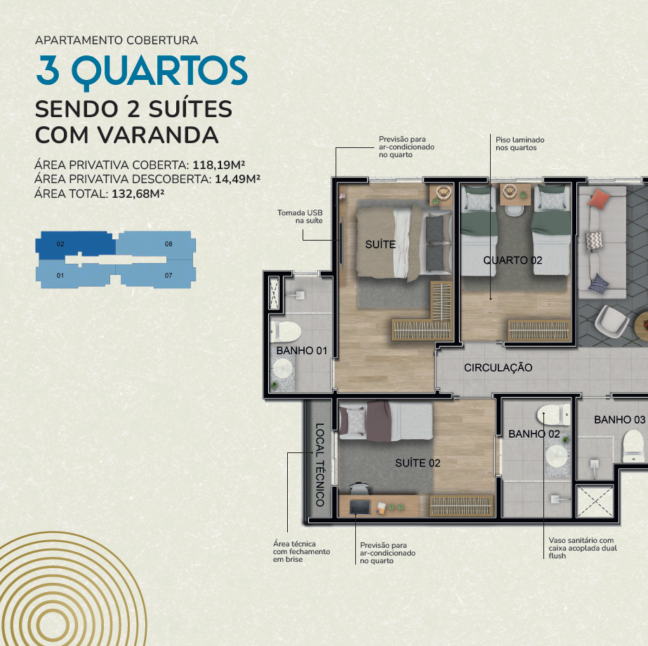 Planta da cobertura — pavimento superior: 3 quartos sendo 2 suítes, 132,68m², Alto da Aurora