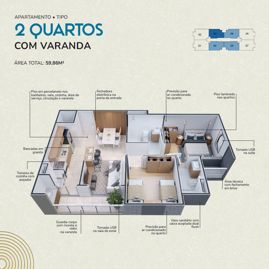 Planta do apartamento de 2 quartos com suíte e varanda — 59,86m² — Alto da Aurora