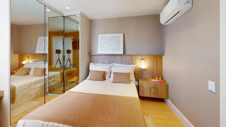 Suíte com armário espelhado e previsão de ar-condicionado, apartamento 2 quartos do Alto da Aurora
