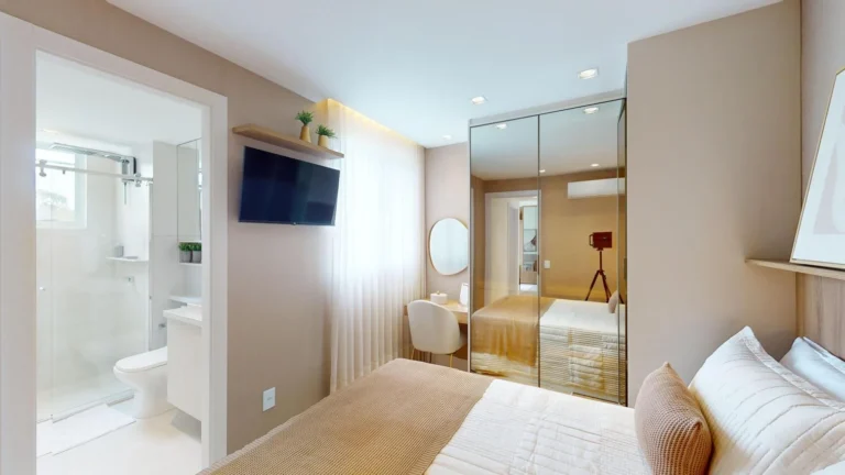 Suíte com banheiro integrado do apartamento 2 quartos do Alto da Aurora