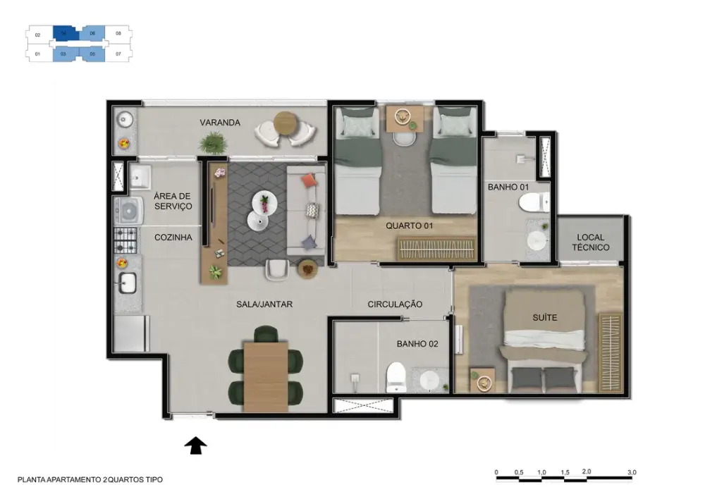 Planta do apartamento de 2 quartos do Alto Sobradinho