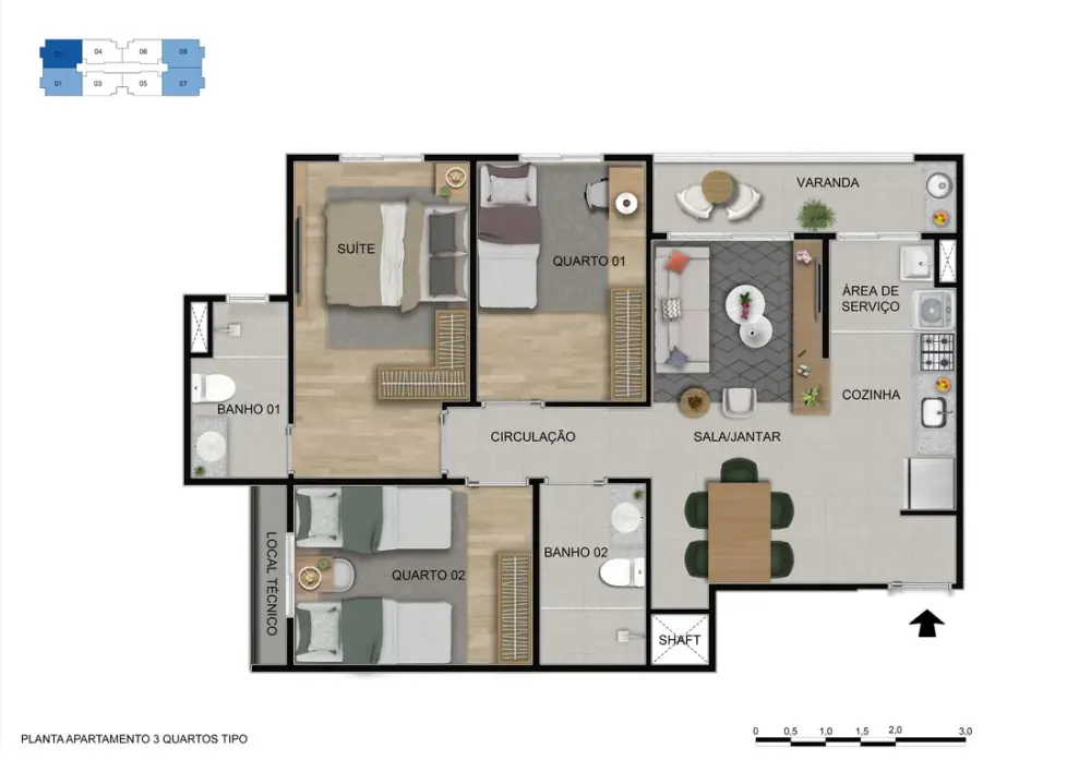 Planta do apartamento de 3 quartos do Alto Sobradinho